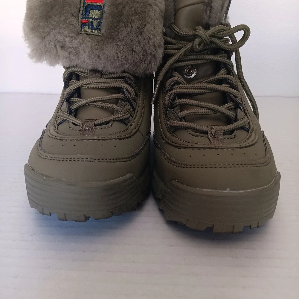 Fila Disruptor Shearling Boot Women 6.5 Olive Green Platform 5HM00559-332